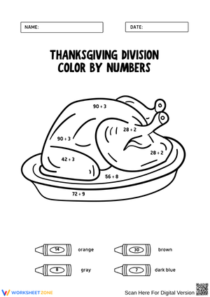 Thanksgiving Turkey Division Color by Numbers Worksheet