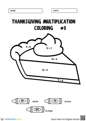 Thanksgiving Multiplication Coloring Worksheet for Grade 4