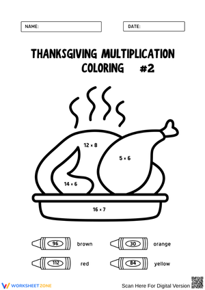 Thanksgiving Turkey Multiplication Coloring Worksheet