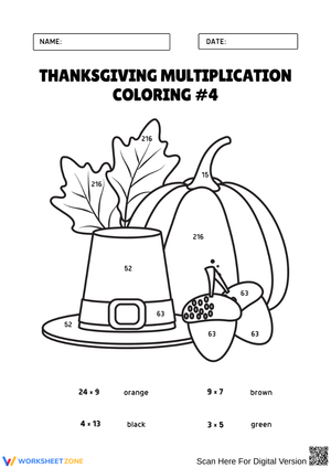 Thanksgiving Pilgrim Hat Multiplication Coloring Worksheet