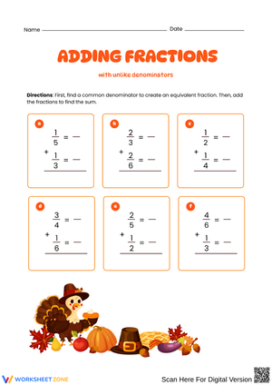 Thanksgiving Adding Fractions with Unlike Denominators