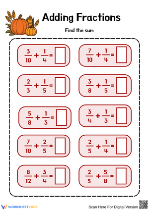 Thanksgiving Fraction Addition Practice Worksheet
