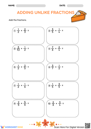 Engaging Thanksgiving Adding Unlike Fractions Worksheet