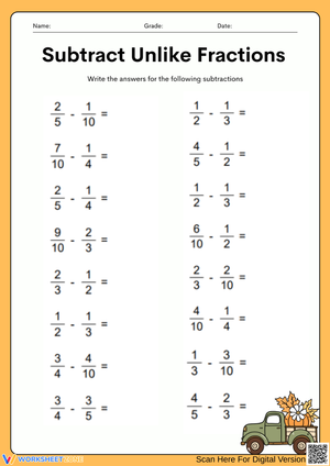 Thanksgiving Fraction Subtraction – Subtract Unlike Denominators