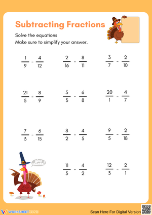 Thanksgiving Subtracting Fractions Practice Sheet