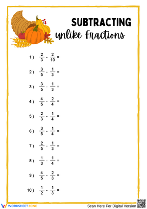 Thanksgiving Subtracting Unlike Fractions Worksheet