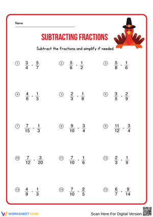 Thanksgiving Subtracting Fractions – Fun Math Practice