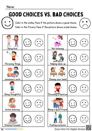 Good Choices vs. Bad Choices Worksheet – Learn Positive Behavior