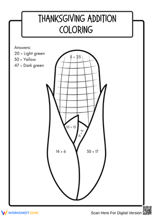 Thanksgiving Addition Coloring – Corn Activity