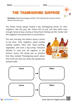 The Thanksgiving Surprise – Cause and Effect Reading Worksheet