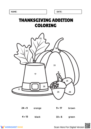 Thanksgiving Pilgrim Hat Addition Coloring Worksheet