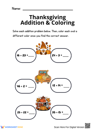 Thanksgiving Addition and Coloring Worksheet