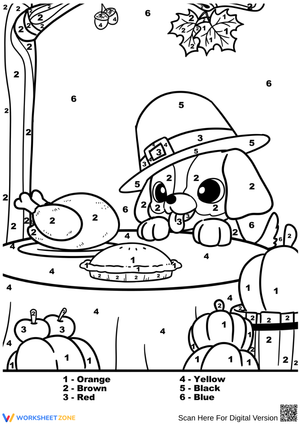 Thanksgiving Puppy Color by Number Worksheet