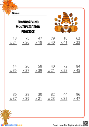 Thanksgiving Double-Digit Multiplication Practice Worksheet