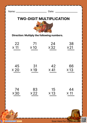 Thanksgiving Math Worksheet – Two-Digit Multiplication Practice