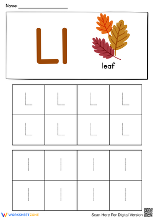 Letter L Tracing Worksheet for Kids– L is for Leaf