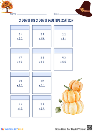 2-Digit by 2-Digit Multiplication Worksheet - Thanksgiving Theme