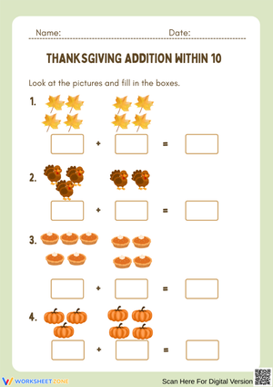 Thanksgiving Math Worksheet – Addition Within 10 for Kindergarten