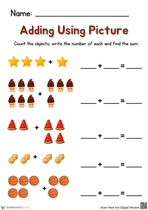 Adding Using Picture Worksheet – Visual Addition Within 10 Practice