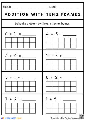 Addition with Tens Frames – Visual Addition Within 10 Worksheet