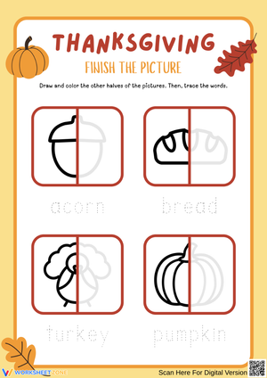 Thanksgiving Finish the Picture Tracing Worksheet for Kids