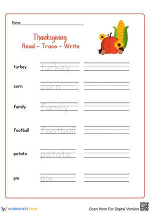 Thanksgiving Read, Trace, and Write Worksheet for Kids