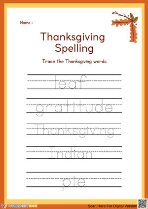 Thanksgiving Word Tracing Worksheet for Early Learners
