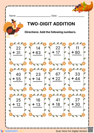 Two-Digit Addition Worksheet – Thanksgiving Math Practice