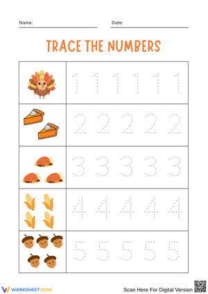 Thanksgiving Number Tracing 1–5 Worksheet