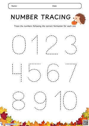 Thanksgiving Number Tracing 0–10 Worksheet for Preschool