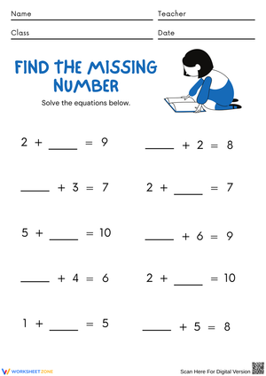 Find the Missing Number – Fun Addition Within 10 Worksheet