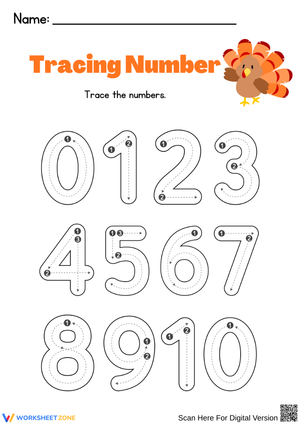 Thanksgiving Number Tracing 0–10 Worksheet for Preschool