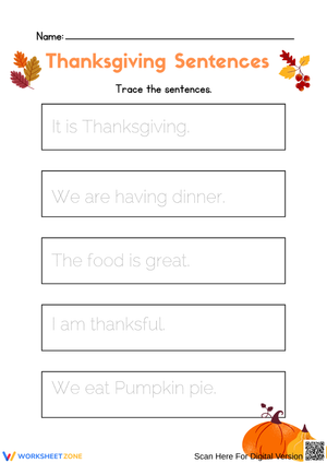 Cheerful Thanksgiving Sentences Tracing Worksheet