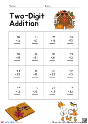 Two-Digit Addition Worksheet – Thanksgiving Math