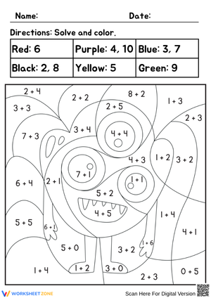 Addition Color by Number – Fun Addition Within 10 Worksheet