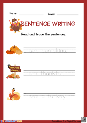 Thanksgiving Sentence Tracing Worksheet for Kindergarten