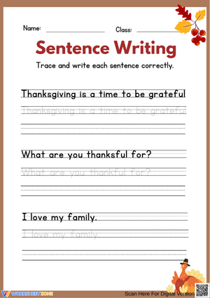 Thanksgiving Sentence Tracing and Writing Practice Worksheet