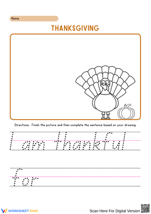 Thanksgiving I Am Thankful For Worksheet for Kids