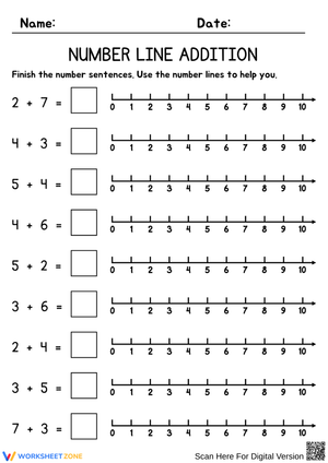 Number Line Addition – Interactive Addition Within 10 Worksheet