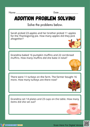 Thanksgiving Addition Word Problems – Math Problem Solving for Kids
