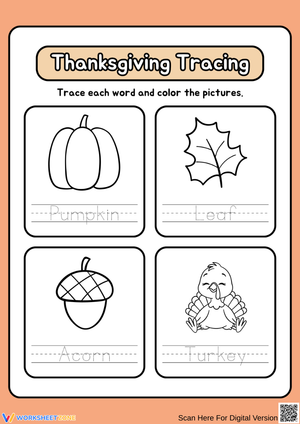 Thanksgiving Word Tracing and Coloring Worksheet for Kids