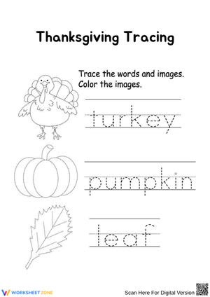 Thanksgiving Tracing Worksheet — Turkey, Pumpkin, and Leaf