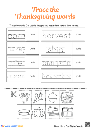 Trace and Match Thanksgiving Words Worksheet