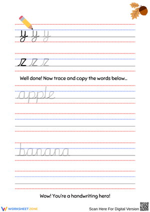 Cursive Handwriting Practice Y–Z and Simple Words