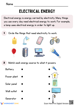 Electrical Energy – Interactive Forms of Energy Worksheet for Kids