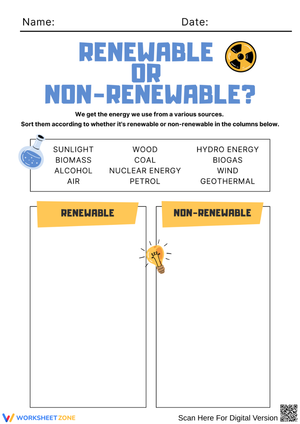 Renewable and Nonrenewable Resources Worksheet – Classify Energy Sources
