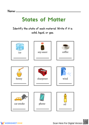 States of Matter Identification Worksheet
