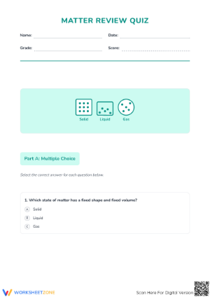Matter Review Quiz – Solids, Liquids, and Gases Worksheet