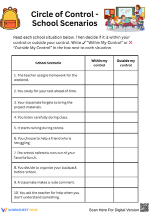 Circle of Control – School Scenarios Worksheet