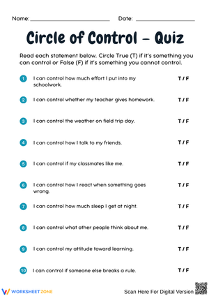 Circle of Control – True or False Quiz